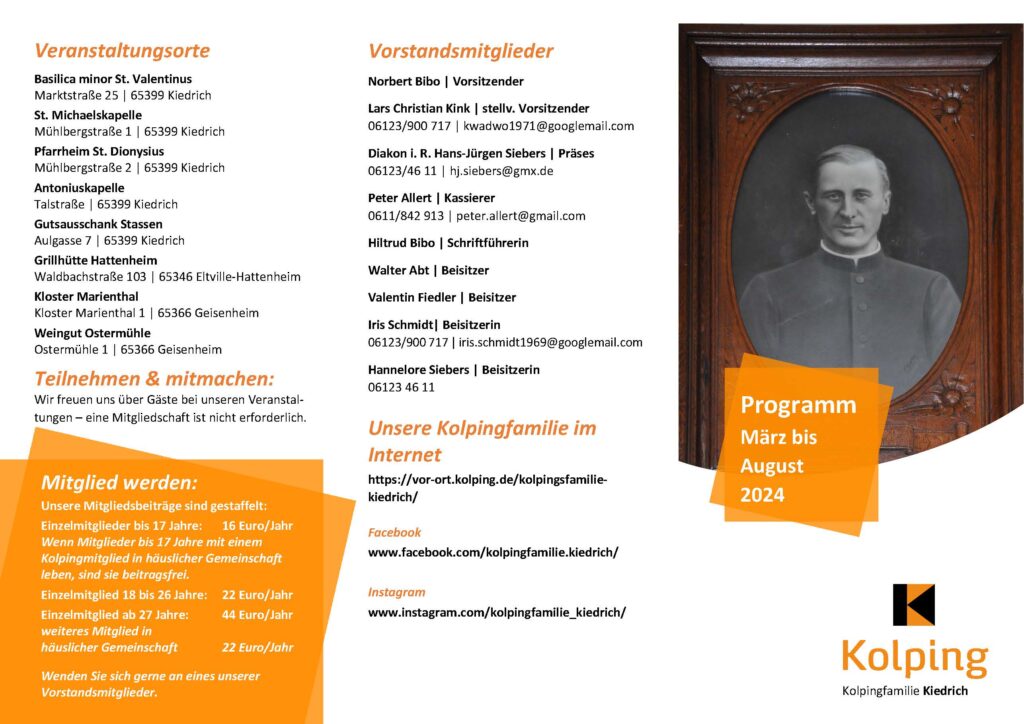 Titelseite unseres Programmflyers mit Bild unseres Gründungspräses Pfarrer Jakob Gräf, der vor 100 Jahren verstorben ist.